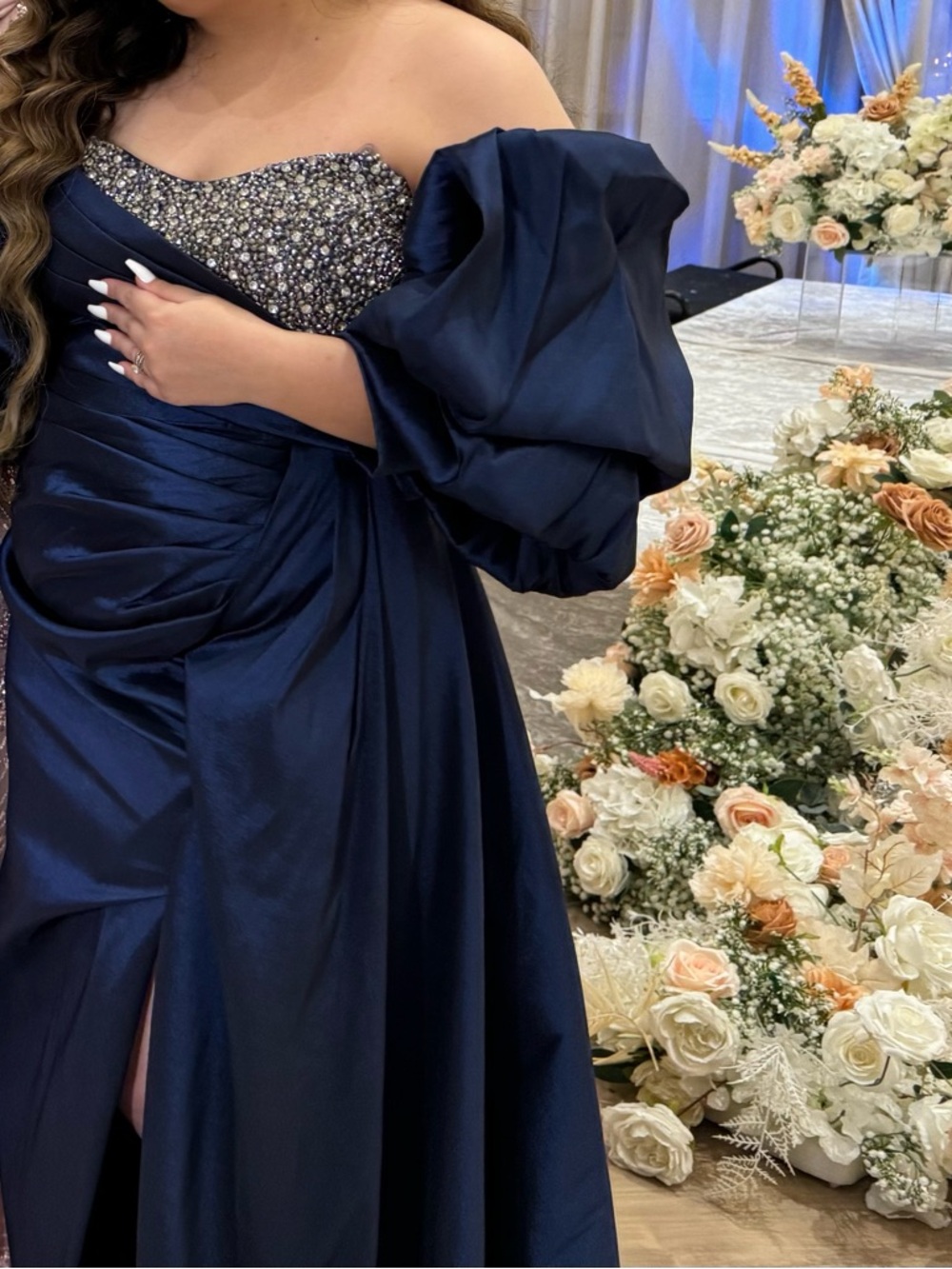 Elegant Navy Evening Gown with Embellished Bodice with Slip On Puff Sleeves